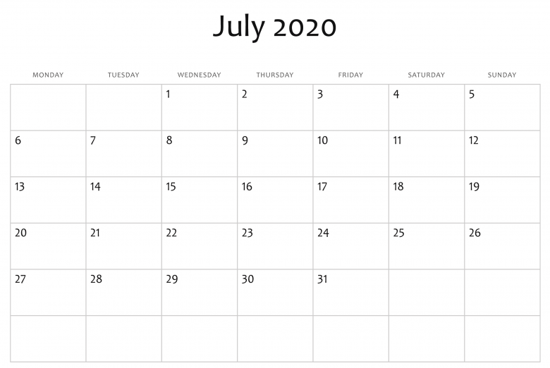 2020年7月日历