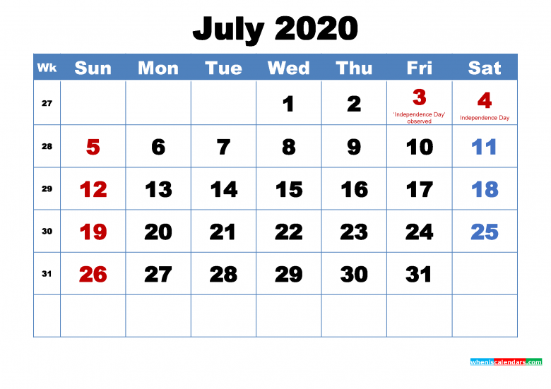 2020年7月日历