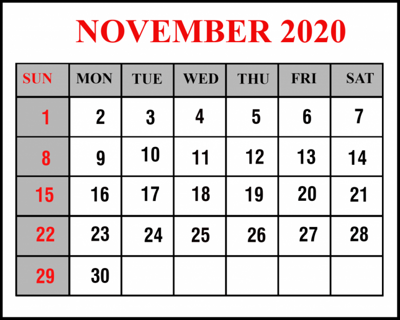 2020年11月日历