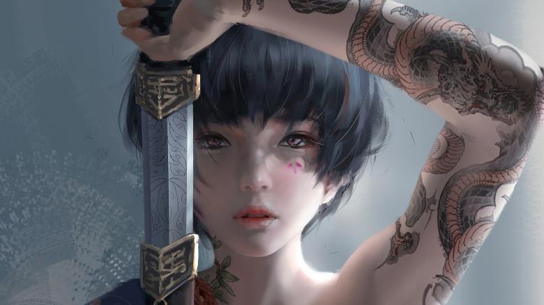 水墨美女肖像画