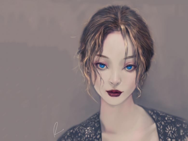 水墨美女肖像画