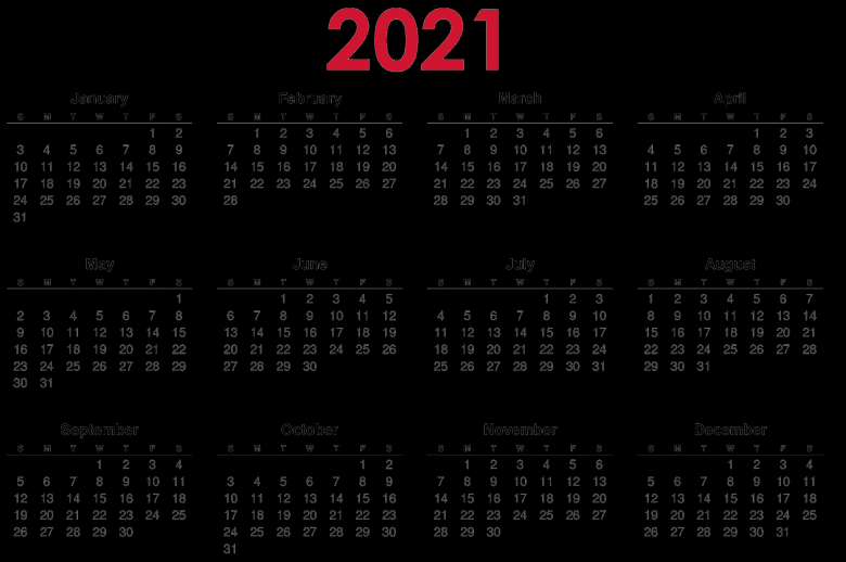 2021年1月日历
