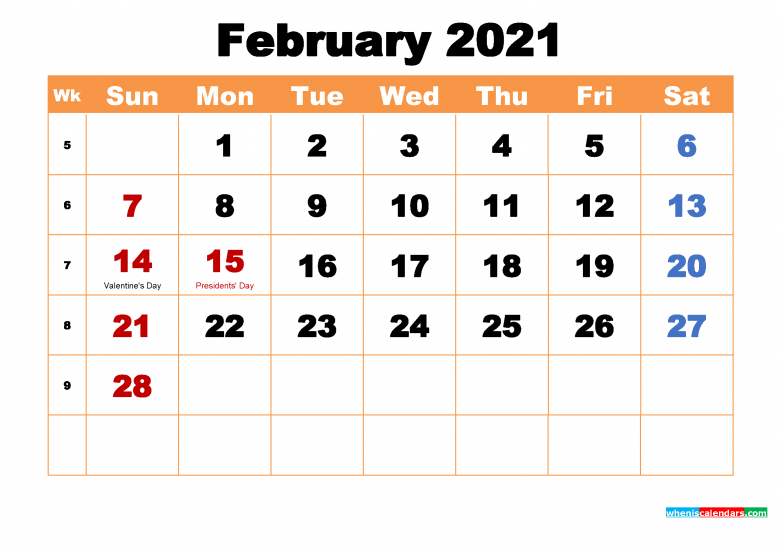 2021年2月日历